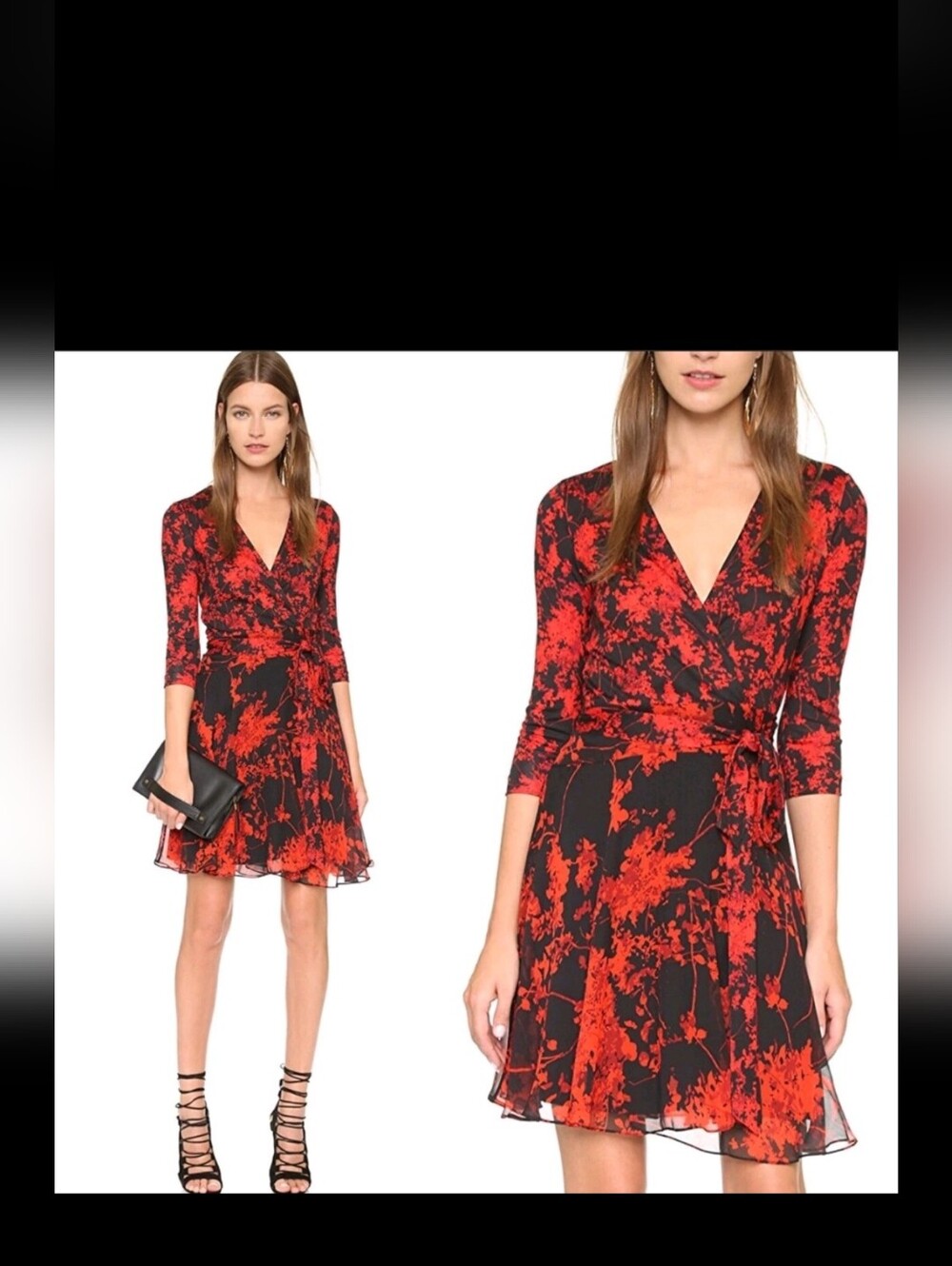 ​Diane von Furstenberg Red Black Floral Wrap Dress 6 DVF Silk Chiffon Mini
